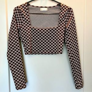 Altar’d State Long Sleeve Checkered Print Crop Top